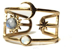 LADYVILLE Himmlischer Ring mit Sonne, Mond und Sterne / Mondstein Ring Gold / Opal Astrologieschmuck / Himmelskörperring / Geschenk für Sie