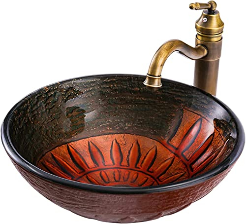 Waschbecken Gehärtetes Waschtisch for Aufsatzwaschbecken Rund Antiquität Aufsatz-Waschschale mit Retro Wasserhahn und Pop-up-Abfluss Handwaschbecken