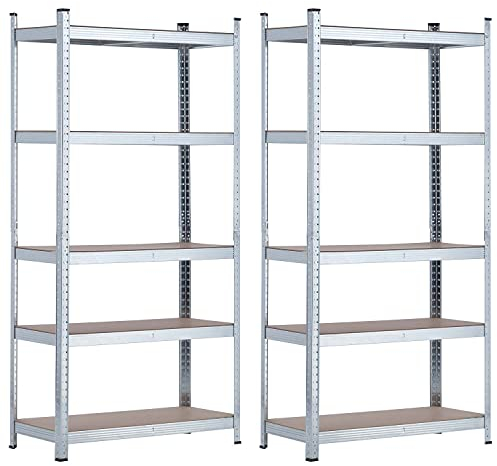 THINIA HOME - Estantería Modular Almacenaje (Pack 2), Acero Galvanizado y MDF Antihumedad, Hogar, Trastero, Garaje, 5 Baldas Ajustables, Carga Máxima 875Kg, 90x40x180cm (Largo x Ancho x Alto)