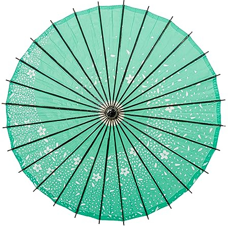 THY COLLECTIBLES Classic Art Asian Style 33 Paper Parasol Umbrella with Long Handle for Wedding Parties, Photography, Costumes, Cosplay, Decoration, Events - Floral Print (Green)