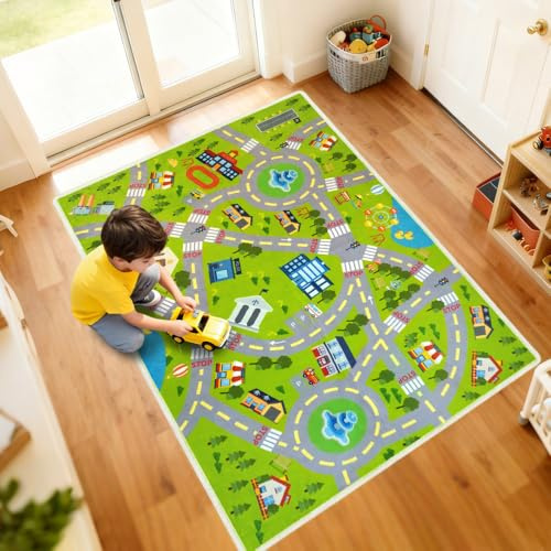 Xuzrdaa Kids Carpet Car Rug Play Mat, Road Rug - Play Learn and Have Fun Safely - Extra Large Thick (0.6cm) Kids Carpet for Playroom, Kids Bedroom, Toddler Room, Non-Slip Rugs(KR1,2.6 * 4ft)
