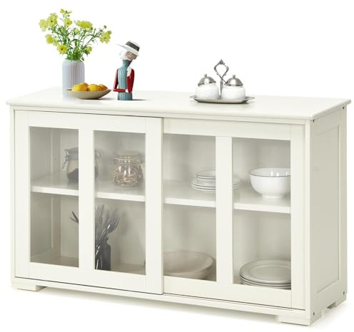KOMFOTTEU Mobile Buffet Dispensa Cucina con Ante Scorrevoli in Vetro Temperato e Ripiano Regolabile, Credenza Cucina, Armadietto a Buffet per Sala da Pranzo, Soggiorno, 107x33x64 cm (Bianco Crema)