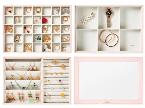 VEE&CO. Schmuck-Organizer, multifunktional, großes Fassungsvermögen, zur Aufbewahrung von Halsketten, Ringen, Armbändern, Ohrringen, idealer Schmuck-Organizer und Aufbewahrung für Damen, 3 Schichten