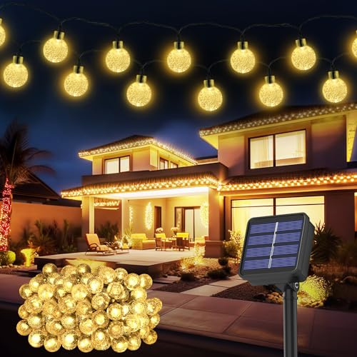 Solar Lichterkette Aussen Wetterfest, 100 LED 18M 59Ft 8 Modi IP65 Solarlichterkette aussen Wetterfest Solar Lampions Kristallkugeln für Balkon Deko Terassen Garten Weihnachten Partys Zuhause warmweiß
