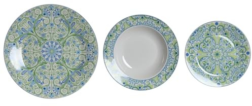 VAJILLA SET 18 PORCELANA 27X27X3 AZULEJOS VERDE