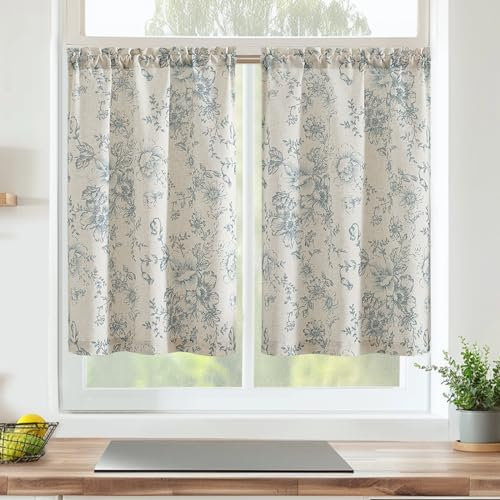 Vangao Scheibengardinen Blumen Modern Küche Vorhang Kurz Vintage Leinenoptik Bistrogardine 2er Set 65Bx60Hcm Landhausstil Wohnwagen Vorhänge Blau und Beige Wohnzimmer Küchengardinen Lichtdurchlässig