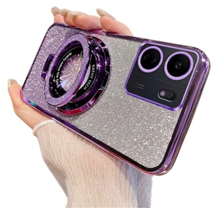 IMEIKONST Glitter Case for Redmi 13C, Electroplate Flash Shell for Girls Women Ring Stand Function Camera Protector Shockproof Transparent TPU Cover for Redmi 13C. Purple DS1