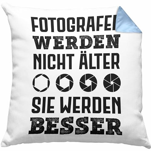 Trendation Fotograf Kissen mit Füllung 40x40 Zubehör Fotografie Geschenk Fotografieren Geschenkideen Lustiger Spruch (Blau)