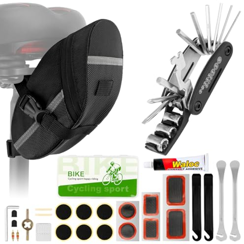 RYACO 16 in 1 Bike Tire Repair Kit with Glue, Bicycle Multi-Function Puncture Tool Set with Patch Kit & Tire Levers Bike Accessories, Bicycle Fix Tire Tool Kit with Saddle Bag for Mountain Road Bikes