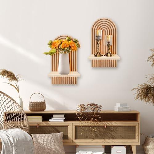 Gachiwar 2er-PackWandregal aus Holz, Boho-Wanddekoration: Wanddekoration aus Holz, Kinderzimmer, Wandregal, Wohnzimmer, Schlafzimmer, Kleiner Pflanzenständer (Rohe Holzfarbe)