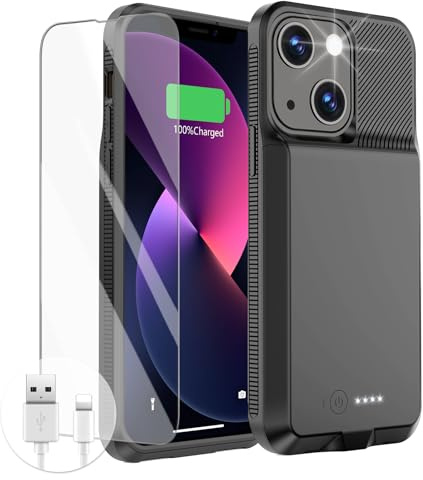 GIN FOXI Akkuhülle für iPhone 13/13 Pro/14/14 Pro/12/12 Pro, ultradünne Ladehüllen, echte 7000 mAh wiederaufladbare Anti-Fallschutz, erweiterte Ladehülle für iPhone (Schwarz, iPhone 13/13 Pro)