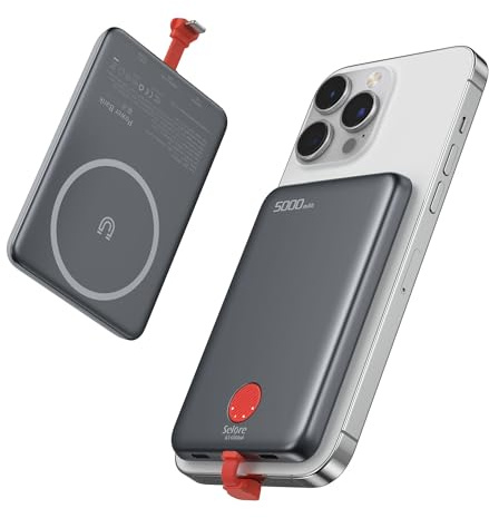 Magnétique Batterie Externe Ultra Mince, 5000mah Universel Power Bank Ultra Slim avec Câbles Intégrés, USB C 20W Charge Rapide, Chargeur Externe Portable pour iPhone 16 15 14 13 12 Pro Max, Samsung