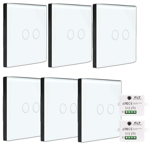Kit Interruptor Inalámbrico de Radio RF 433 MHz, 6 Mandos a Distancia de Pared Doble Luz, 2 Mini Receptores Incorporados, Control Remoto Táctil, Va y Viene sin Trabajo