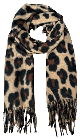 Stylx Damen Schal mit Leopard Muster und Fransen - Modischer und Eleganter Langer Winter- und Herbstschal für Frauen (Camel)