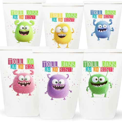 Paul's Papierfabrik Monster - 6/8/12x tolle bedruckte Monster Geschenktüten, für Kindergeburtstage, Sportevents, Partys - Einzigartiges Design auf nachhaltigen Papier Tüten