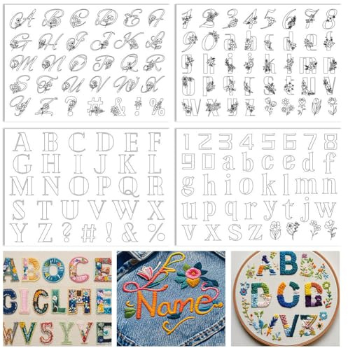 ORIGACH 4 Blatt Buchstabe Zahlen Blumen Stickvorlagen Wasserlöslich | Selbstklebend Wasserlöslich Stickvlies, Wasserlöslicher Stabilisator für Handstickerei, DIY Projekte, Stichübungen