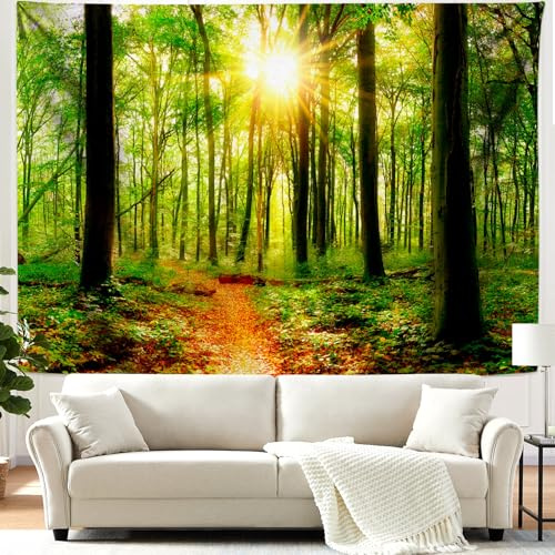 Lirzxin Wandteppich Natur Wald, Tapisserie Wandbehang Grün Braun Sonnenschein Wald Landschaft Tapestry Wandteppiche Tapisserie für Schlafzimmer Wohnzimmer Wanddeko, 300x256CM