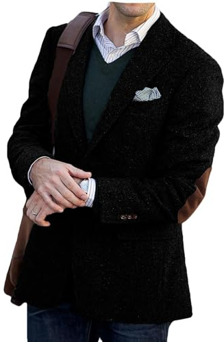 Men's Spring Tweed Blazer Academic Style Suit Jacket with Faux Suede Elbow Patches Man Smart Casual Vintage Sport Coat Black M