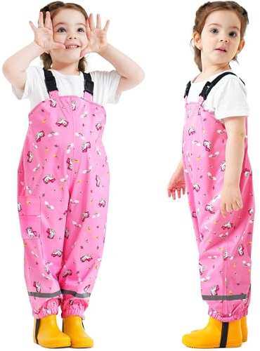 Domueay Kids Waterproof Trousers Boys Girls Rain Dungarees, 2-7 Years | Breathable, Lightweight Rain Over Trousers, Windproof Rain Pants, Outdoor Reflective Mud Pants, Unisex Rainwear School Hiking