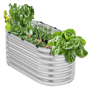 VEVOR Metal Raised Garden Bed, 4 x 2 x 2 ft Outdoor Galvanized Planter Box, with Open Bottom, Large Oval Planter Raised Bed for Gardening Vegetables, Flowers, Herbs, and Succulent Plants, Silver