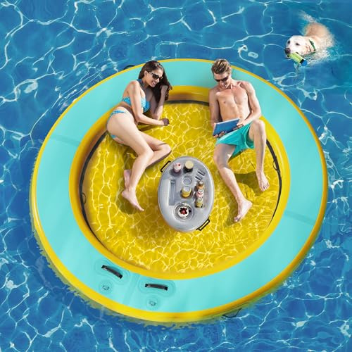 8 FT Round Floating Ring Inflatable Water Hammock with Detachable Ladder Heavy Duty River Pool Floats Lake Raft for Adults Tanning Pool Lounger Float Island Platform for Family and Friends