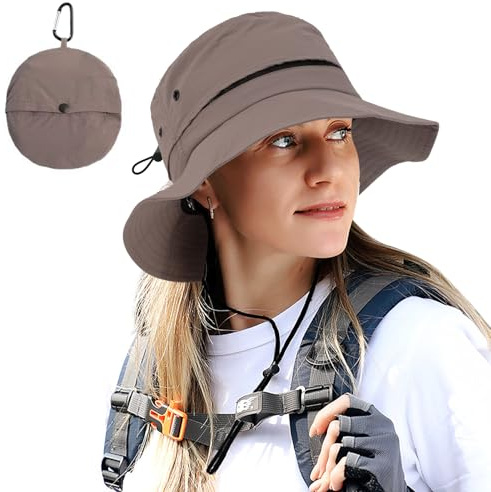 TAGVO Solhatt för kvinnor män sommar UPF 50+ Boonie-hatt, vikbar vattentät hink regnhatt med hakrem för vandring, golf, fiske camping, Grå, one size