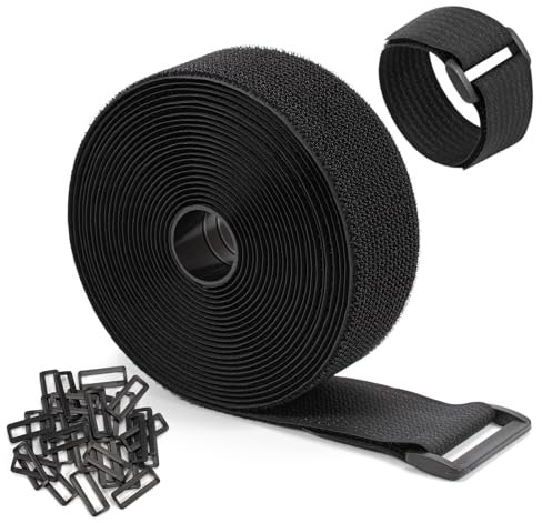 5cm x 6m Cable Straps, Heavy Duty Storage Straps with 30 Buckles, Black Reusable Cable Ties, Unrestricted Cut Length, Adjustable Hook and Loop Nylon Straps for Securing Wires, Cables, Tubing