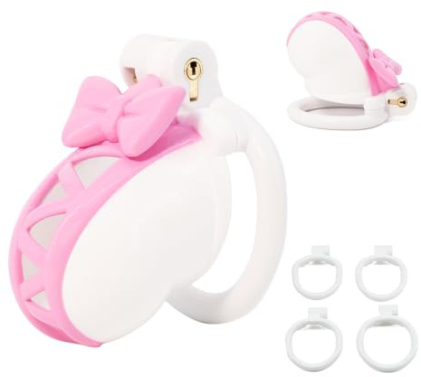 SeLgurFos Men's Chastity Cage with Invisible Lock ABS Resin Cock Cage with Multiple Carabiner Sizes Pink Bow Design Chastity Devices SM Sex Toys