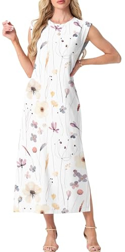 GRECERELLE Womens Summer Maxi Long Dress Casual Flower Sleeveless Crew Neck Split Hem Shift Dresses with Pocket for Ladies UK (Rainbow Leaf, M)