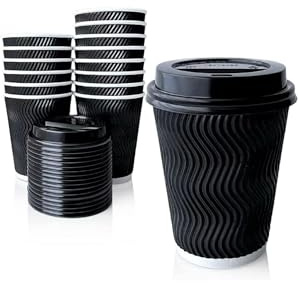 300 x 12oz Black Disposable Coffee Cups with Lids – Black Ripple Triple Wall Insulated Paper Cups for Tea, Coffee & Hot Drinks, Black