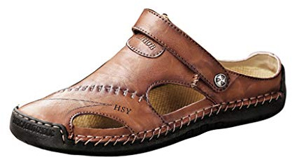Lädersandaler för män stängd tå, läderträskor sommar lätt andningsbara utomhus trekking strandskor halkfria bekväma strandsandaler platta tofflor för män, Röd, 45 EU