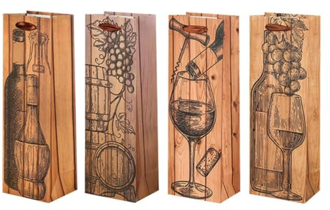 TOPPERFUN 4 Stück Weintaschen aus Papier mit Henkel Holzmaserung Wiederverwendbar für zu Weihnachten Geburtstagen und Besonderen Anlässen