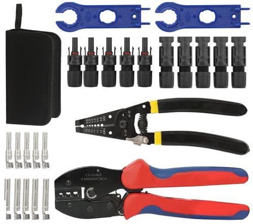 28 Pièces Kit Outil Solaire avec Pince à Sertir, Dénudeur, 5 Paires Connecteurs MC4, Clés de Montage pour Câble PV 2.5/4/6 mm² Panneaux Solaires Photovoltaïques