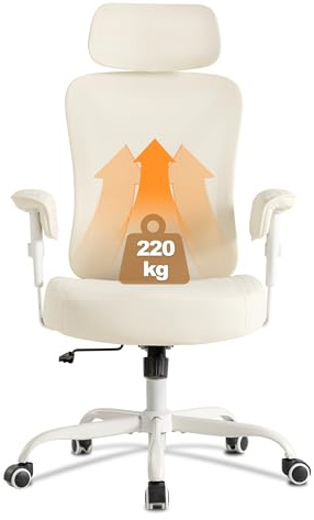 UEV Bürostuhl Ergonomisch bis 220KG Gaming Stuhl Wippfunktion beige | Schreibtischstuhl mit Armlehnen Kopfstüze,höhenverstellbarer Arbeitsstuhl,Drehstuhl mit Netzbespannung,Mesh Stoff
