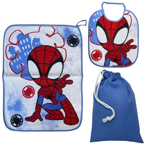 CARTOON Set asilo 3 pezzi, bavaglino e tovaglietta con retro plastificato, sacca, completo per il pranzo (Spidey (1))