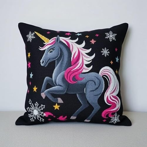 XvvwEndlessx Kit Crochet De Verrouillage Tapis Diy Broderie,Cheval arc-en-ciel noir Loquet Crochet Complet Housse De Coussin,Kit Fabrication Taie D'Oreiller Coussins Tapis,43X43Cm