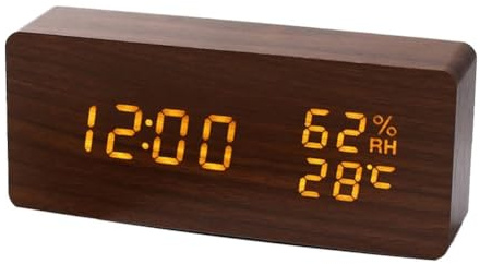 Homeponnew Silent Wooden Alarm Clock with Thermometer and Hygrometer, Multi-functional Bedside Clock with Temperature Humidity Monitor, USB Powered, Adjustable Brightness, Type-C, for Bedroom, Study