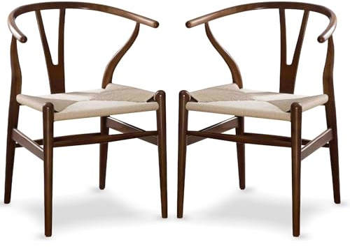 Tomile CH24 Wishbone Esszimmerstühle 2er-Set, Massivholz in Walnuss, handgeflochtener Hanfsitz, Y-Stuhl von Hans Wegner, Mid-Century Modern für Esszimmer, Küche & Home Office (Eschenholz-Walnuss)