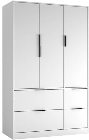 URBNLIVING 3 Door Wardrobe with 4 Drawers – Wooden Bedroom Storage Cupboard with Hanging Rail for Clothes - White Unit & White Doors & Drawers