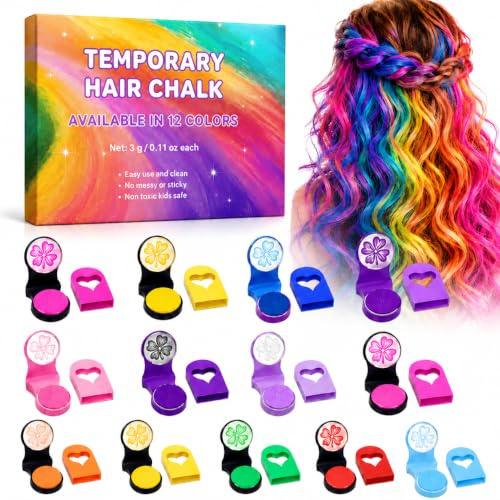 Lot de 12 Craie pour Cheveux,Craie pour Cheveux Set pour Filles et Enfants,Teinture Temporaire pour Cheveux,Coloration Temporaire Dye Couleur Lavables,Cadeaux de Noël, D'anniversaire pour Enfants