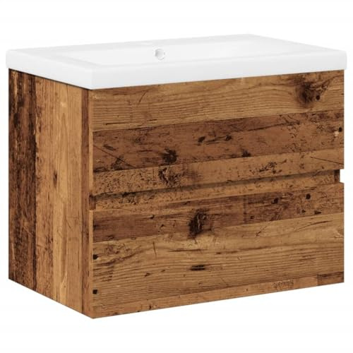 Qnhdfrt Mobile Bagno Sospeso con Lavabo in Ceramica 60 cm Legno Antico | Soluzione salvaspazio per il bagno con cassetto contenitore e sistema troppopieno per una gestione ottimale.