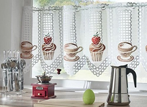 MforStyle White Café Net Curtain Coffee Cupcake - Kitchen Bathroom curtain - READY TO HANG - WIDTH Sold by the metres. Cut to width (20(50cm) Drop)