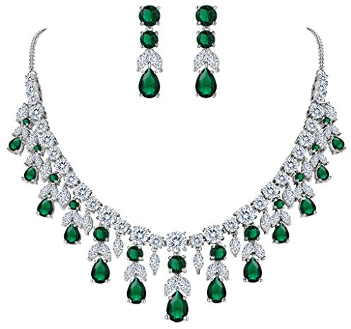 Clearine Damset Vintage Smycken Bröllop Cluster Halsband Örhängen Set Hängande Blad och Vattendroppe Zircon Plastron, Kubisk zirkonia, Zirkoniumoxid