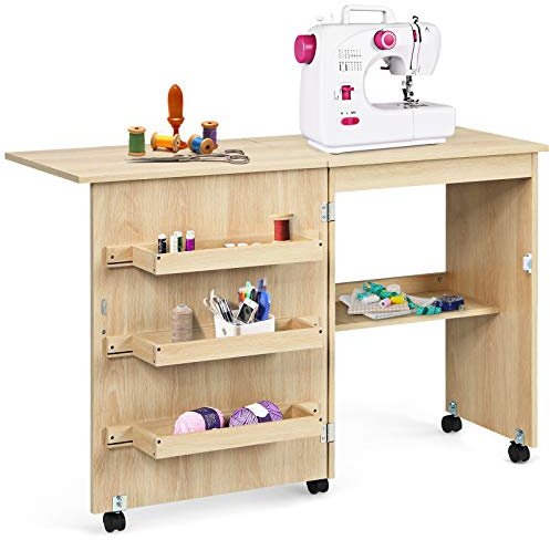 RELAX4LIFE Table Pliable pour Machine à Coudre avec 4 Etagères de Rangement, Armoire à Machine à Coudre avec Roulettes avec Freins, Table Pliable en MDF, 117 x 40 x 77 CM, Blanc/Naturel/Brun (Naturel)