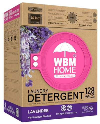 WBM 10-in-1 Laundry Detergent Pods, Fabric Softener with Lavender Extracts, High-Efficiency Laundry Pods with Powerful Stain Lifter Technology - 128 Count Bag