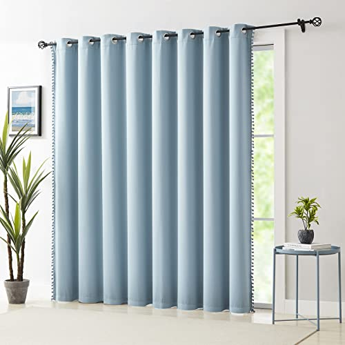 100% Blackout Curtain Blue Sliding Door Curtains Pom Pom Extra Wide Glass Door Curtains for Living Room Energy Efficient Thermal Patio Door Drapes Grommet Top 1pc 100x84 Light Blue