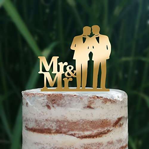 Cake Topper (Männerpaar), Mr & Mr, Hochzeit, Verlobung, Trauung, Acryl/Holz, Tortenstecker, Tortenfigur, Tortendeko, Hochzeitstorte, Mann und Mann, Herren, Gay, Schwul, Tortenständer (Gold)