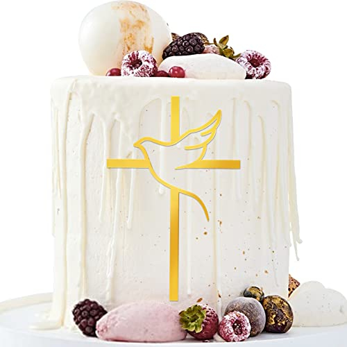 2pcs Décoration de Gâteau en Acrylique Forme Croix Or avec Pigeon Gâteau Topper Personnalisée Décoration de Table pour Baptême Communion Confirmation Mariage Anniversaire Fête