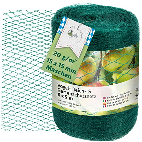 TTL Garden 5 x 5m Vogelschutznetz 20g/m² grün feinmaschig 15x15mm Masche - | robustes Gartennetz 3-Fach gewebtes HDPE Obst & Obstbaum Netz Gemüse Schutznetz, Teichnetz Vogelabwehr Netz, reißfest dehnbar