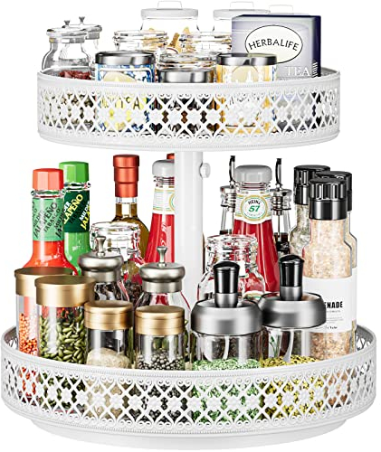 Lazy Susan Organizer mit 2 Etagen, Drehteller, Gewürzregal, 30.5 cm, verstellbar, Metall, drehbar, für Schrank, Speisekammer, Küche, Arbeitsplatte, Esstisch, Schrank, Schminkaufbewahrung, Weiß